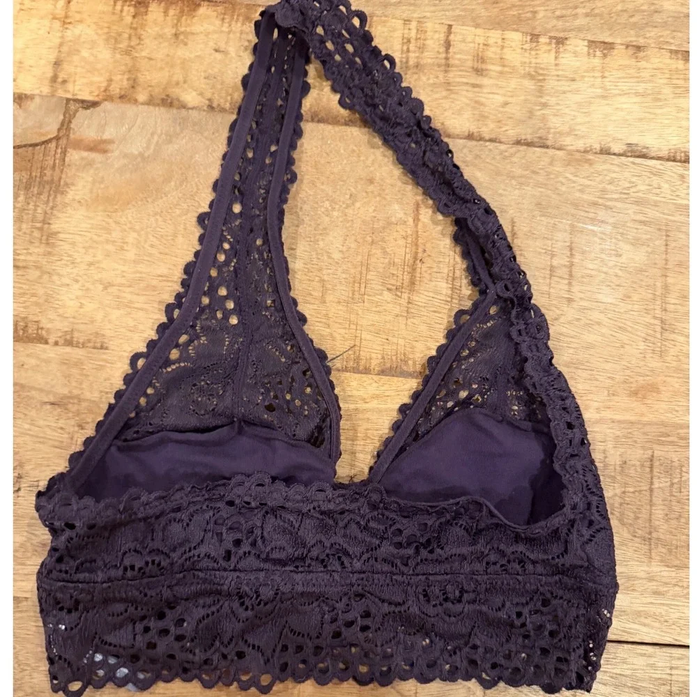 Aerie Purple Floral Lace Halter Bralette Longline Scalloped Boho Crop Top Small